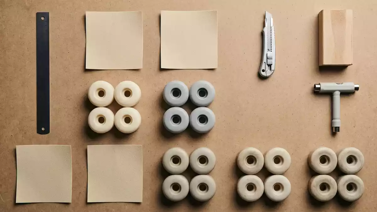 Flatlay-Arrangement rund um Griptape mit passenden Requisiten von oben, neutral