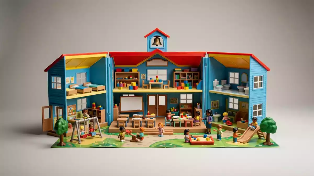 Fotorealistische Studioansicht von Kindergarten Spielset in neutraler Produktdarstellung