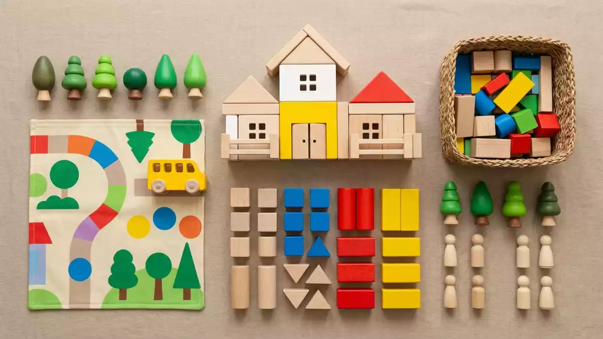 Flatlay-Arrangement rund um Kindergarten Spielset mit passenden Requisiten von oben