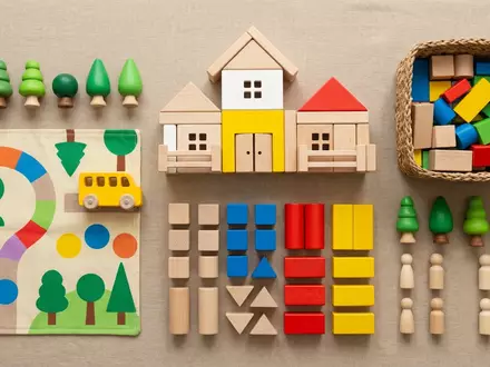 Flatlay-Arrangement rund um Kindergarten Spielset zum Thema Playmobil City Life Kindergarten, weiches Oberlicht - Foto: THN