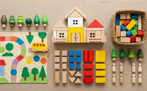 Flatlay-Arrangement rund um Kindergarten Spielset zum Thema Playmobil City Life Kindergarten, weiches Oberlicht - Foto: THN