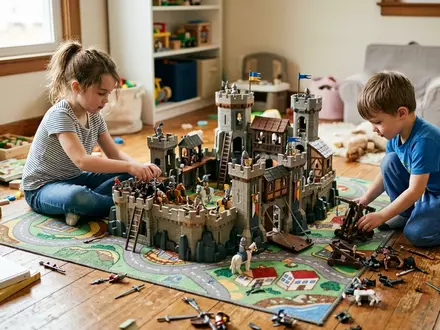 Fotorealistische Aufnahme von Ritterburg Spielset im Spielzimmer zum Thema Playmobil Ritterburg Spielset, natuerliches Licht - Foto: THN