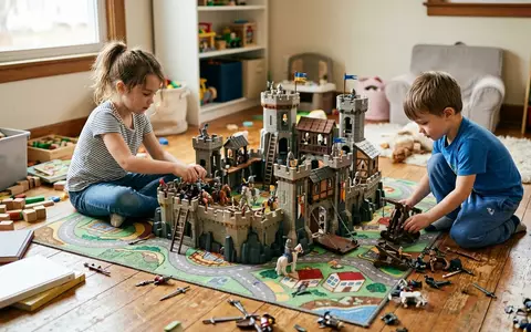 Fotorealistische Aufnahme von Ritterburg Spielset im Spielzimmer zum Thema Playmobil Ritterburg Spielset, natuerliches Licht - Foto: THN