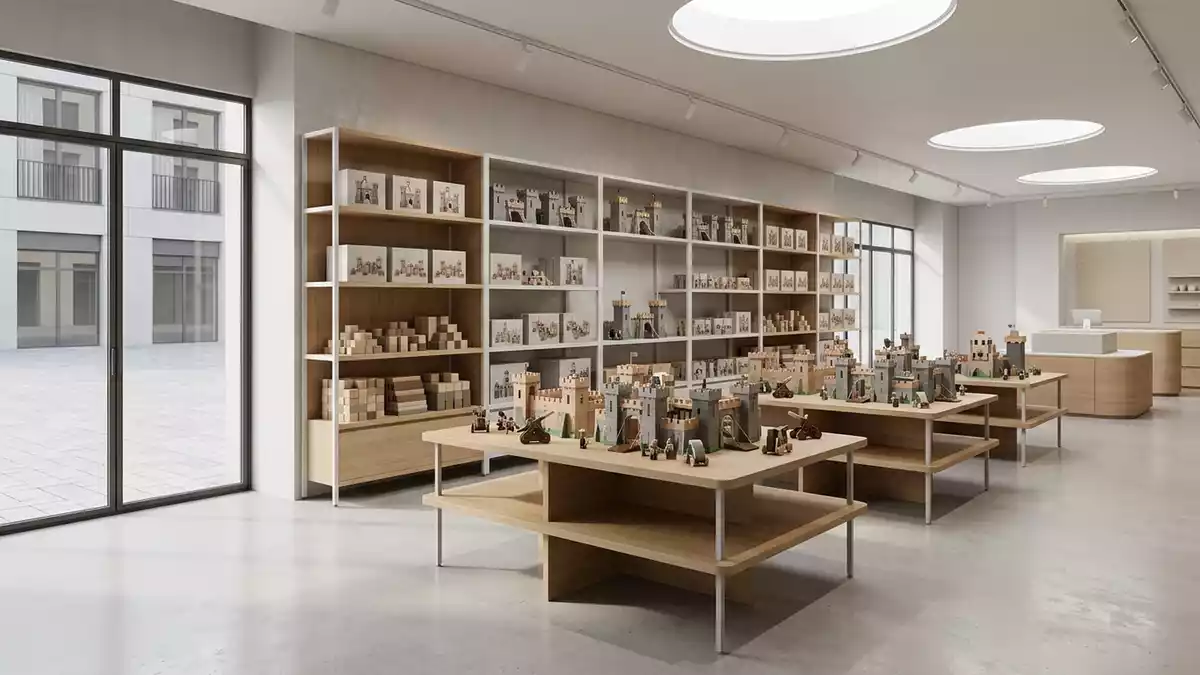 Architektur-Render im Spielwaren Laden mit Ritterburg Spielset im Ausstellungsbereich