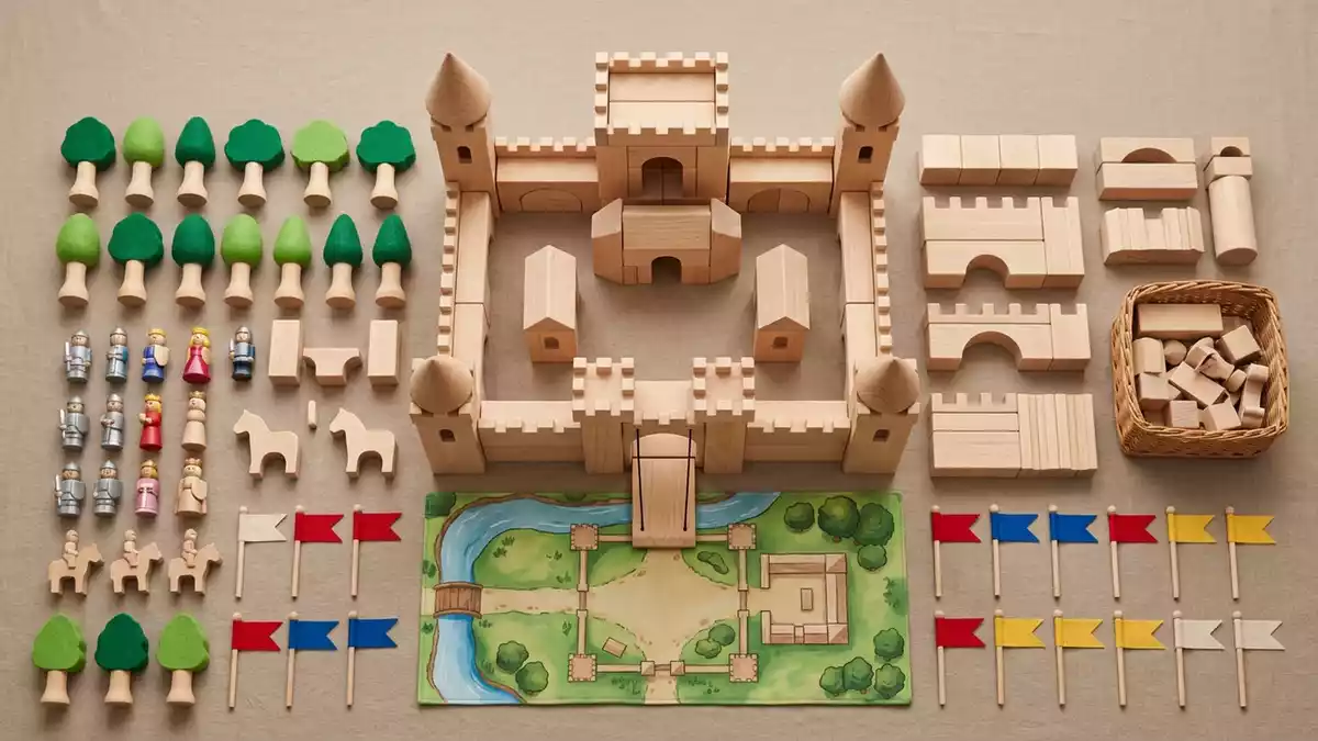 Flatlay-Arrangement rund um Ritterburg Spielset mit passenden Requisiten von oben