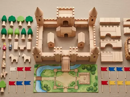 Flatlay-Arrangement rund um Ritterburg Spielset zum Thema Playmobil Ritterburg Spielset, weiches Oberlicht - Foto: THN