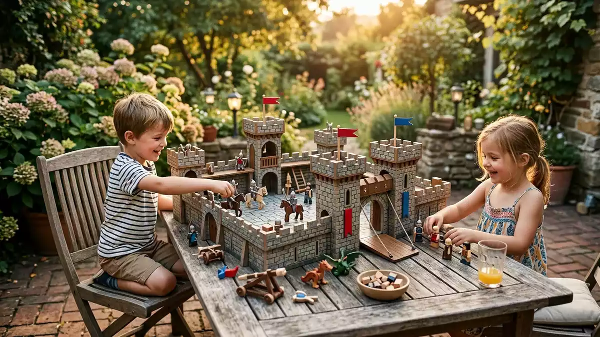 Fotorealistische Ansicht von Ritterburg Spielset auf der Terrasse in warmem Abendlicht