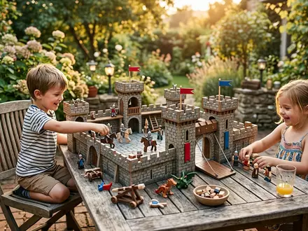 Fotorealistische Aufnahme von Ritterburg Spielset auf der Terrasse zum Thema Playmobil Ritterburg Spielset, warmes Abendlicht - Foto: THN