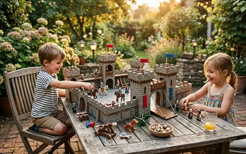 Fotorealistische Aufnahme von Ritterburg Spielset auf der Terrasse zum Thema Playmobil Ritterburg Spielset, warmes Abendlicht - Foto: THN