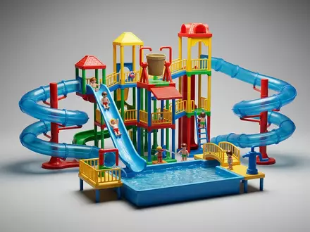 Fotorealistische Studioaufnahme von Wasserpark Spielset zum Thema Playmobil Aqua Park Wasserpark, klare Lichtfuehrung - Foto: THN