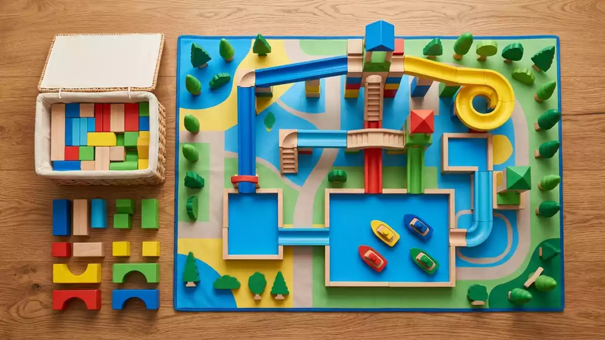 Flatlay-Arrangement rund um Wasserpark Spielset mit passenden Requisiten von oben