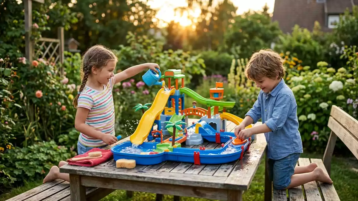 Fotorealistische Ansicht von Wasserpark Spielset im Garten in warmem Abendlicht