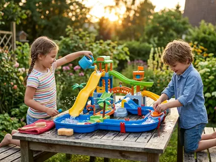 Fotorealistische Aufnahme von Wasserpark Spielset im Garten zum Thema Playmobil Aqua Park Wasserpark, warmes Abendlicht - Foto: THN