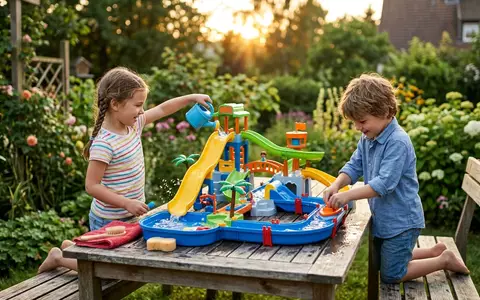 Fotorealistische Aufnahme von Wasserpark Spielset im Garten zum Thema Playmobil Aqua Park Wasserpark, warmes Abendlicht - Foto: THN