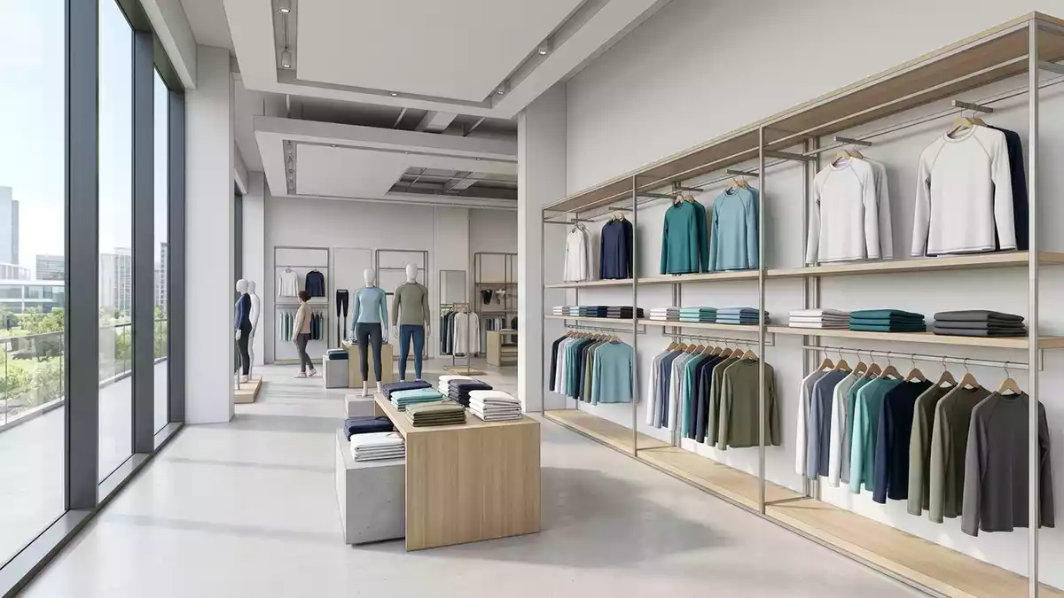Architektur-Render im Bademodengeschaeft mit Badeshirt im Ausstellungsbereich, neutral