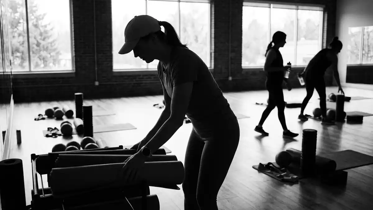 Schwarzweiss-Reportagebild mit Gesundheitsuhr in dokumentarischer Arbeitsumgebung