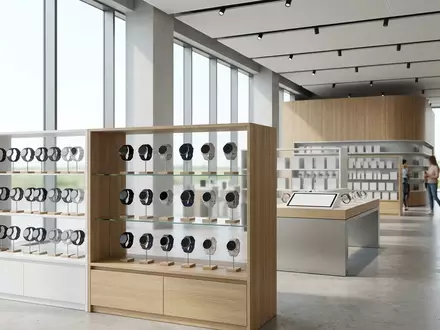 Architektur-Render im Elektronikgeschaeft mit Smartuhr zum Thema Fitbit Versa 4 Smartwatch, neutrales Tageslicht - Foto: THN