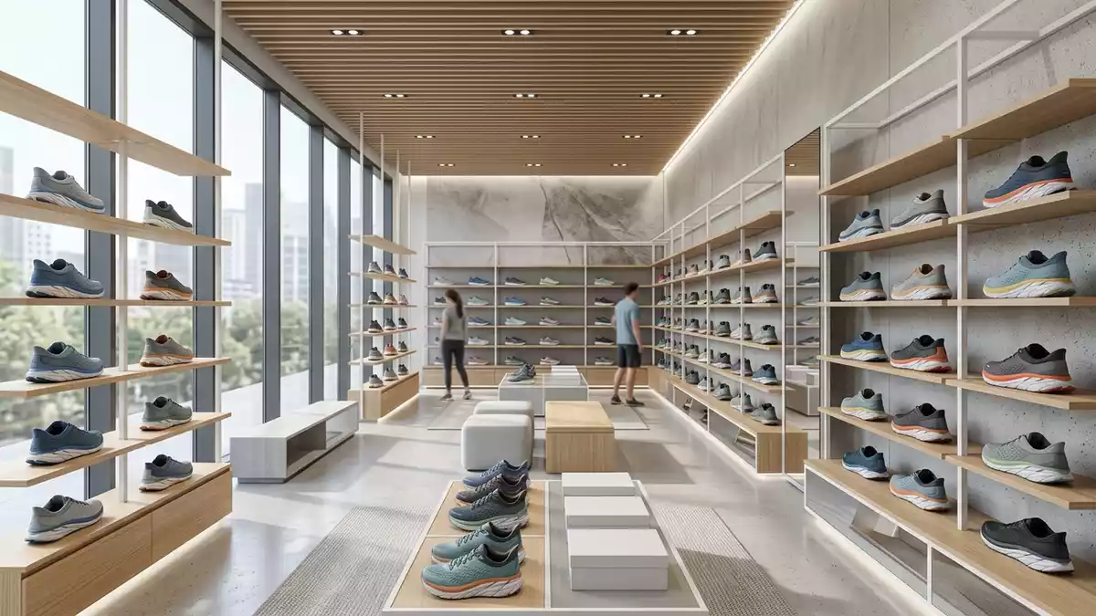 Architektur-Render im Laufsportgeschaeft mit Laufschuhe im Ausstellungsbereich