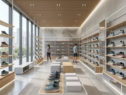 Architektur-Render im Laufsportgeschaeft mit Laufschuhe zum Thema ASICS Gel-Nimbus 26 Laufschuhe, neutrales Tageslicht - Foto: THN