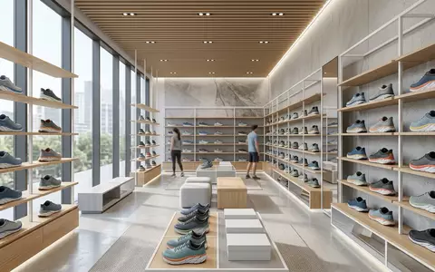 Architektur-Render im Laufsportgeschaeft mit Laufschuhe zum Thema ASICS Gel-Nimbus 26 Laufschuhe, neutrales Tageslicht - Foto: THN