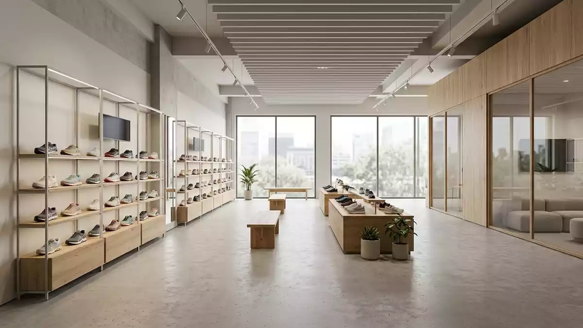 Architektur-Render im Laufsportgeschaeft mit Laufschuhe im Ausstellungsbereich
