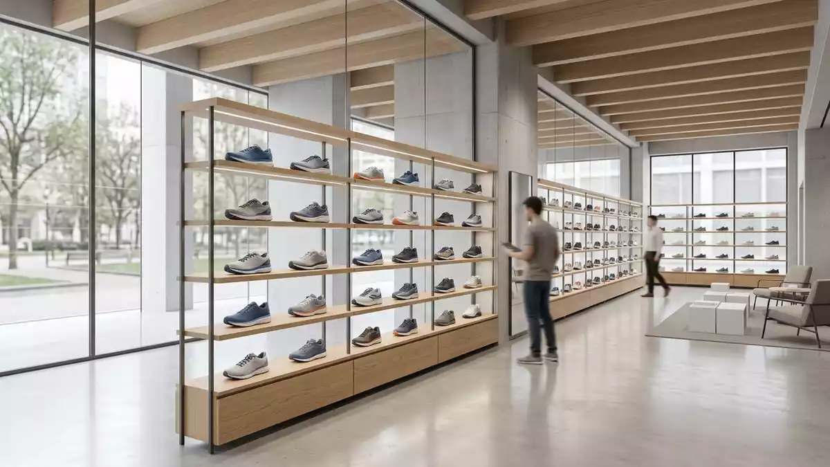 Architektur-Render im Laufsportgeschaeft mit Laufschuhe im Ausstellungsbereich