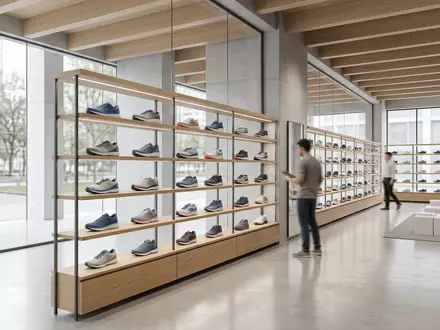 Architektur-Render im Laufsportgeschaeft mit Laufschuhe zum Thema ASICS GT-2000 13 Laufschuhe, neutrales Tageslicht - Foto: THN