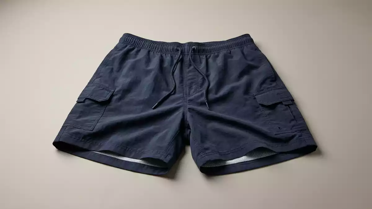 Fotorealistische Studioansicht von Badeshorts in neutraler Produktdarstellung, neutral