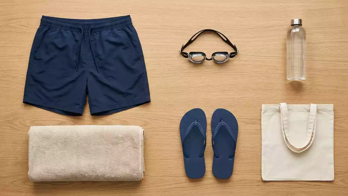Flatlay-Arrangement rund um Badeshorts mit passenden Requisiten von oben, neutral