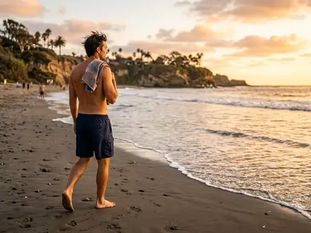 Fotorealistische Aufnahme von Badeshorts am Strand zum Thema Arcweg Cargo Badehose Herren, warmes Abendlicht - Foto: THN