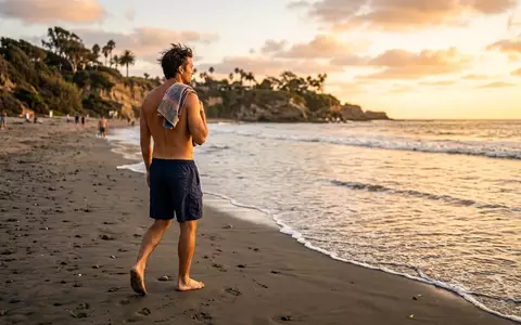 Fotorealistische Aufnahme von Badeshorts am Strand zum Thema Arcweg Cargo Badehose Herren, warmes Abendlicht - Foto: THN