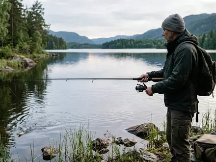 Fotorealistische Aufnahme von Angelset am See zum Thema Daiwa Ninja Spinnrute +, natuerliches Licht - Foto: THN