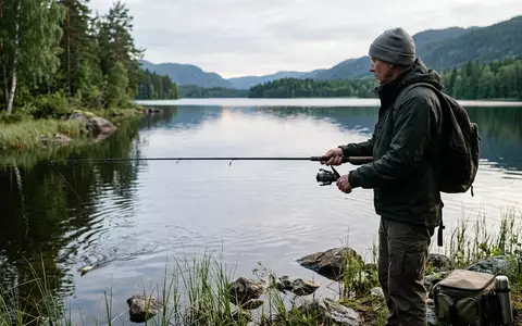 Fotorealistische Aufnahme von Angelset am See zum Thema Daiwa Ninja Spinnrute +, natuerliches Licht - Foto: THN