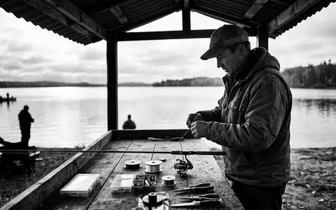 Schwarzweiss-Reportage mit Angelset zum Thema Daiwa Ninja Spinnrute +, hoher Kontrast, sachlich dargestellt - Foto: THN