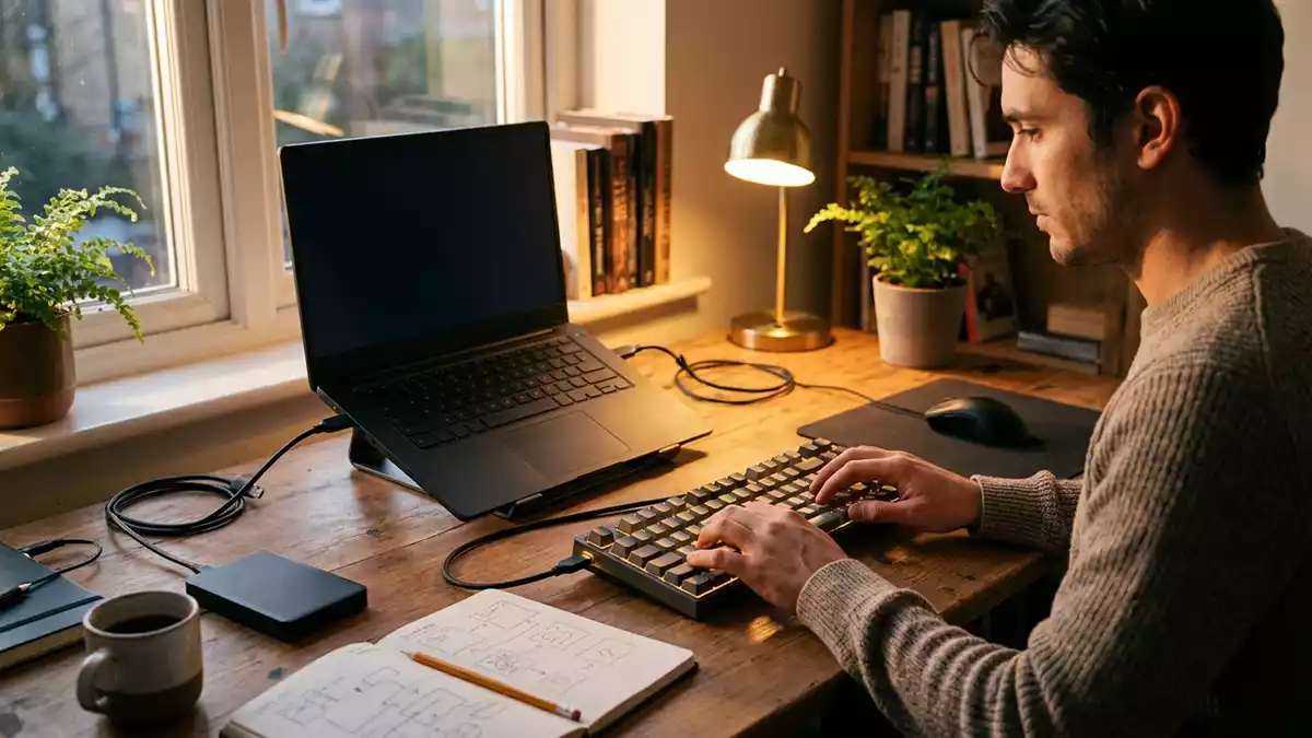 Fotorealistische Ansicht von USB Verbindungskabel am Schreibtisch in warmem Abendlicht