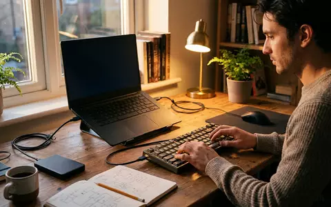 Fotorealistische Aufnahme von USB Verbindungskabel am Schreibtisch zum Thema CYNOVA USB-C OTG Kabel, warmes Abendlicht - Foto: THN