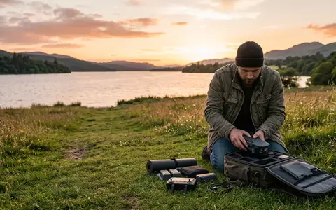 Fotorealistische Aufnahme von Kameradrohne am Seeufer zum Thema Hubsan Zino Mini Pro, warmes Abendlicht - Foto: THN