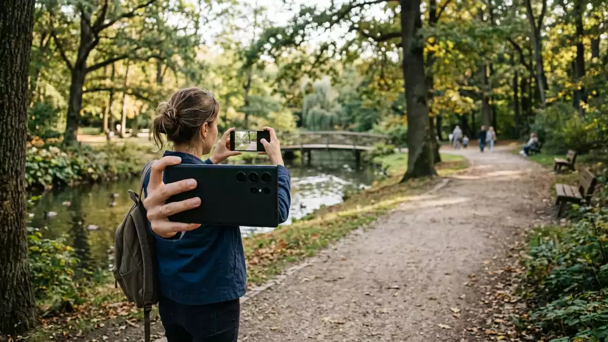 Fotorealistische Ansicht von Smartphone im Park in realer Umgebung, sachlich dargestellt