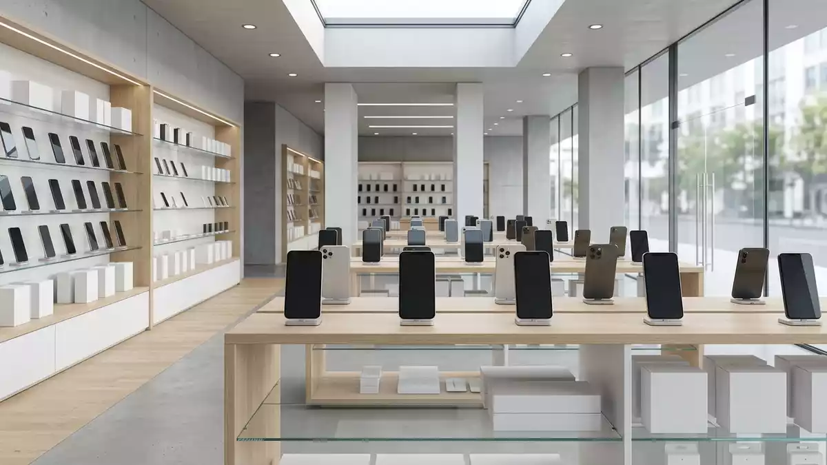 Architektur-Render im Handyladen mit Smartphone im Ausstellungsbereich, neutral