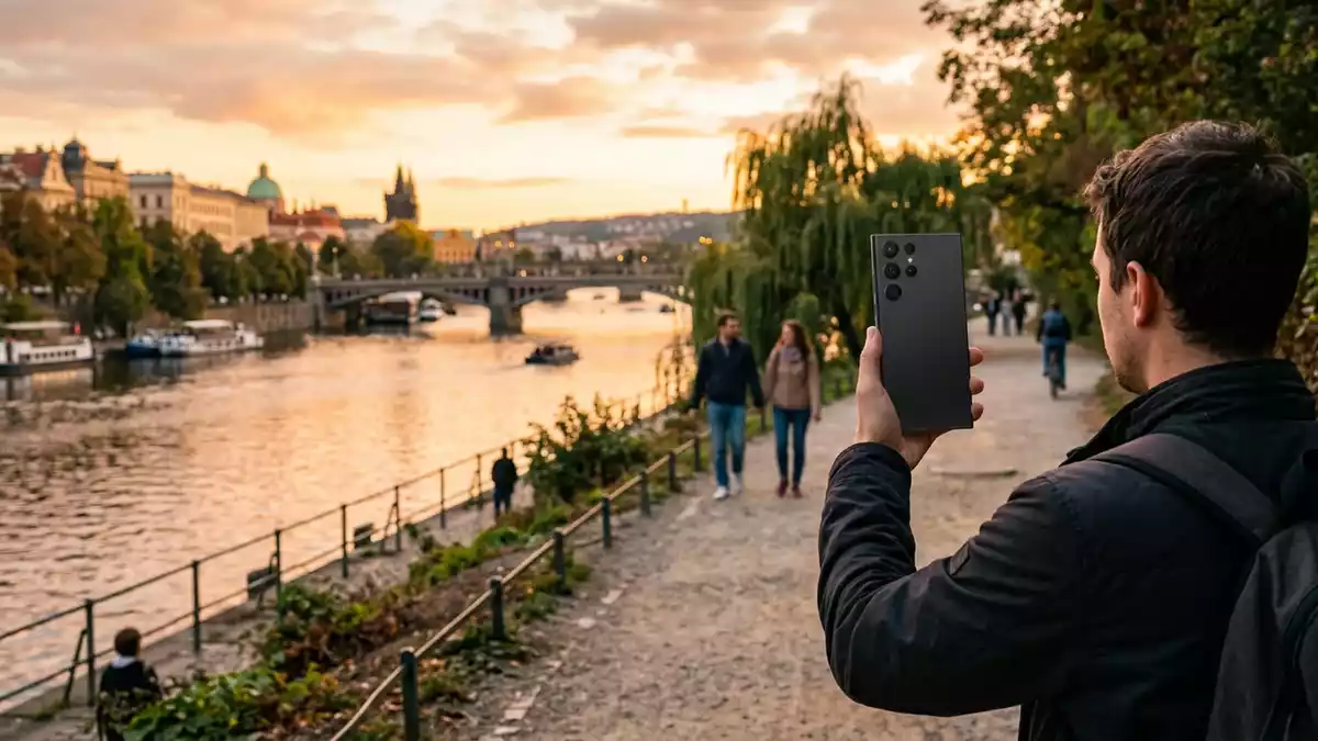 Fotorealistische Ansicht von Smartphone am Flussufer in warmem Abendlicht, neutral