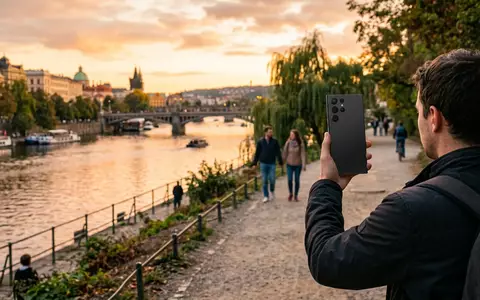 Fotorealistische Aufnahme von Smartphone am Flussufer zum Thema Huawei Pura 70 Pro, warmes Abendlicht - Foto: THN