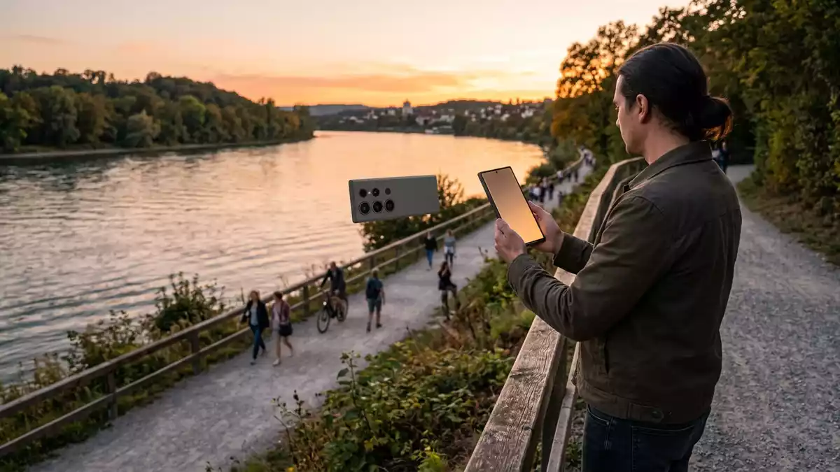 Fotorealistische Ansicht von Smartphone am Flussufer in warmem Abendlicht, neutral