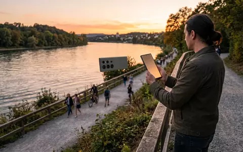 Fotorealistische Aufnahme von Smartphone am Flussufer zum Thema Huawei Mate 70 Pro, warmes Abendlicht - Foto: THN