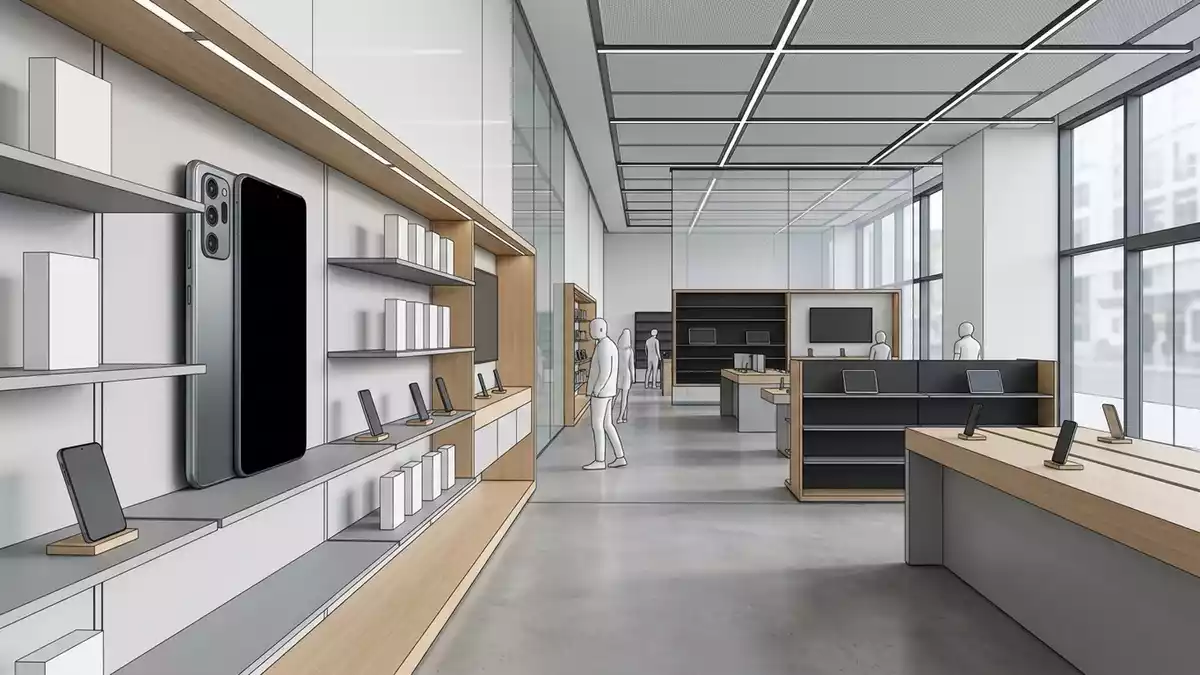 Architektur-Render im Handyladen mit Smartphone im Ausstellungsbereich, neutral