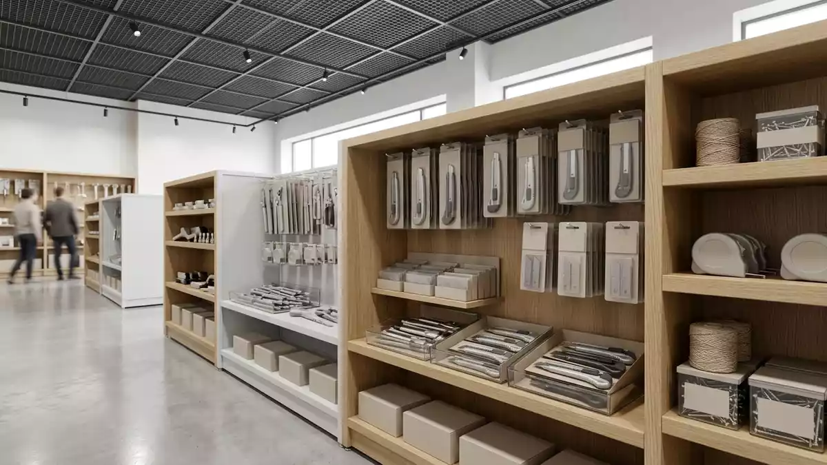 Architektur-Render im Baumarkt mit Universalmesser im Ausstellungsbereich, neutral