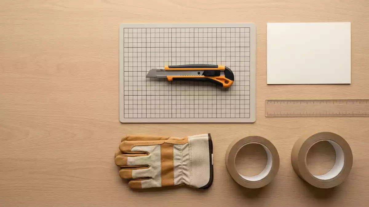Flatlay-Arrangement rund um Universalmesser mit passenden Requisiten von oben, neutral