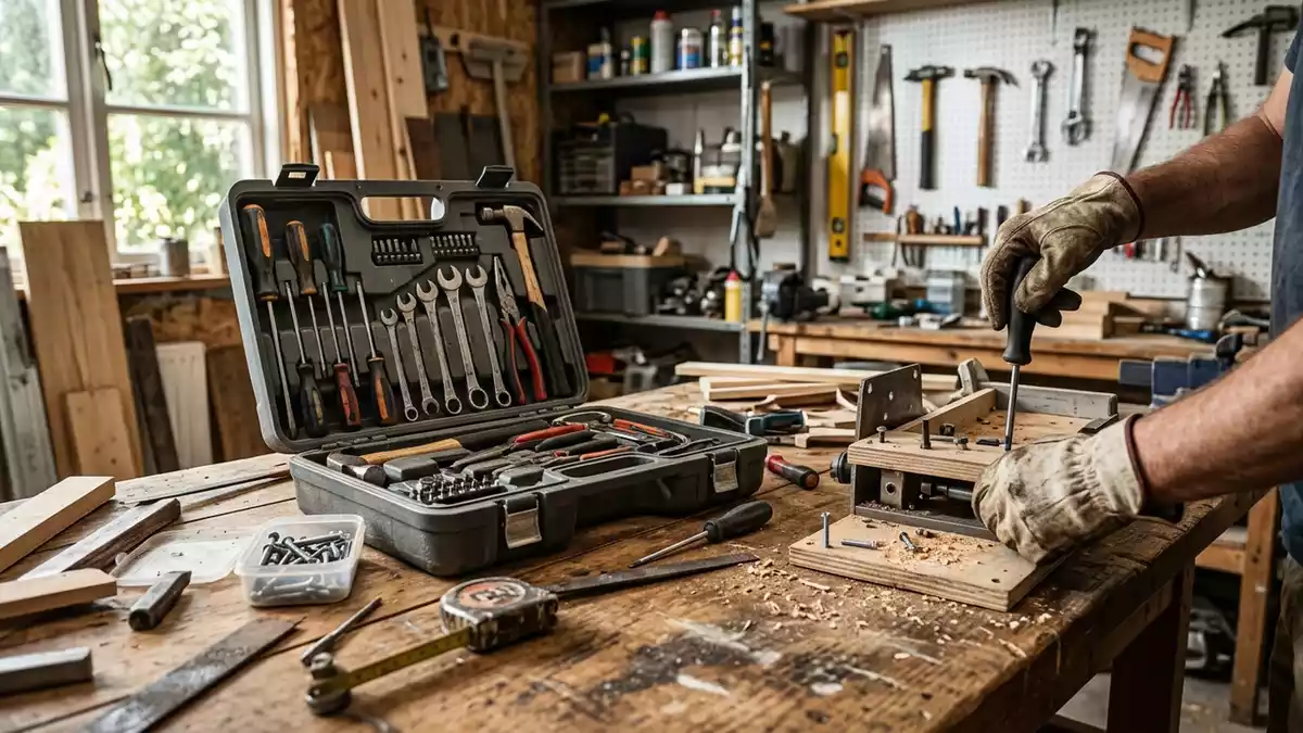Fotorealistische Ansicht von Werkzeugkoffer in der Werkstatt in realer Umgebung