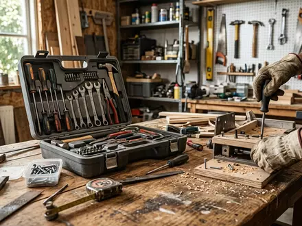Fotorealistische Aufnahme von Werkzeugkoffer in der Werkstatt zum Thema Stanley FatMax Werkzeugkoffer 20-teilig, natuerliches Licht - Foto: THN