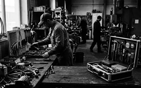 Schwarzweiss-Reportage mit Werkzeugkoffer zum Thema Stanley FatMax Werkzeugkoffer 20-teilig, hoher Kontrast, sachlich dargestellt - Foto: THN