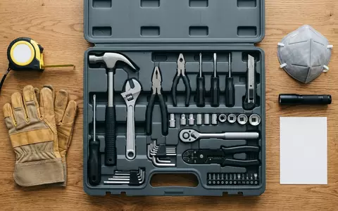 Flatlay-Arrangement rund um Werkzeugkoffer zum Thema Stanley FatMax Werkzeugkoffer 20-teilig, weiches Oberlicht - Foto: THN